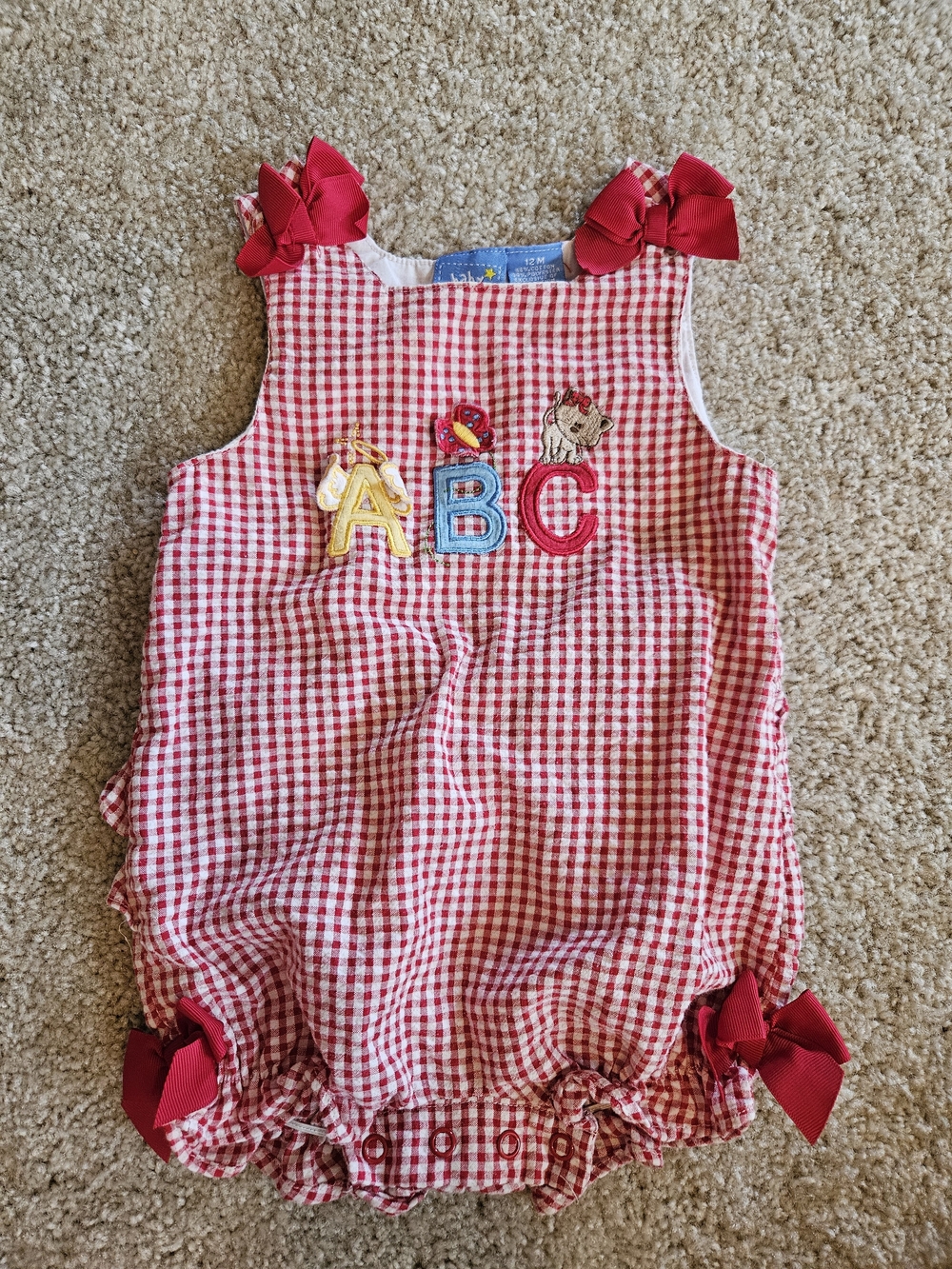 Vintage Red Gingham ABC Bubble Romper with Bows And Rufflebutt - Size 12mo